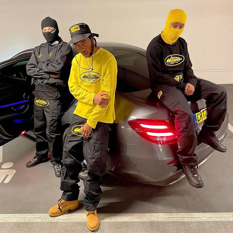 American multi-pocket printed black overalls for men, loose straight drawstring long pants  