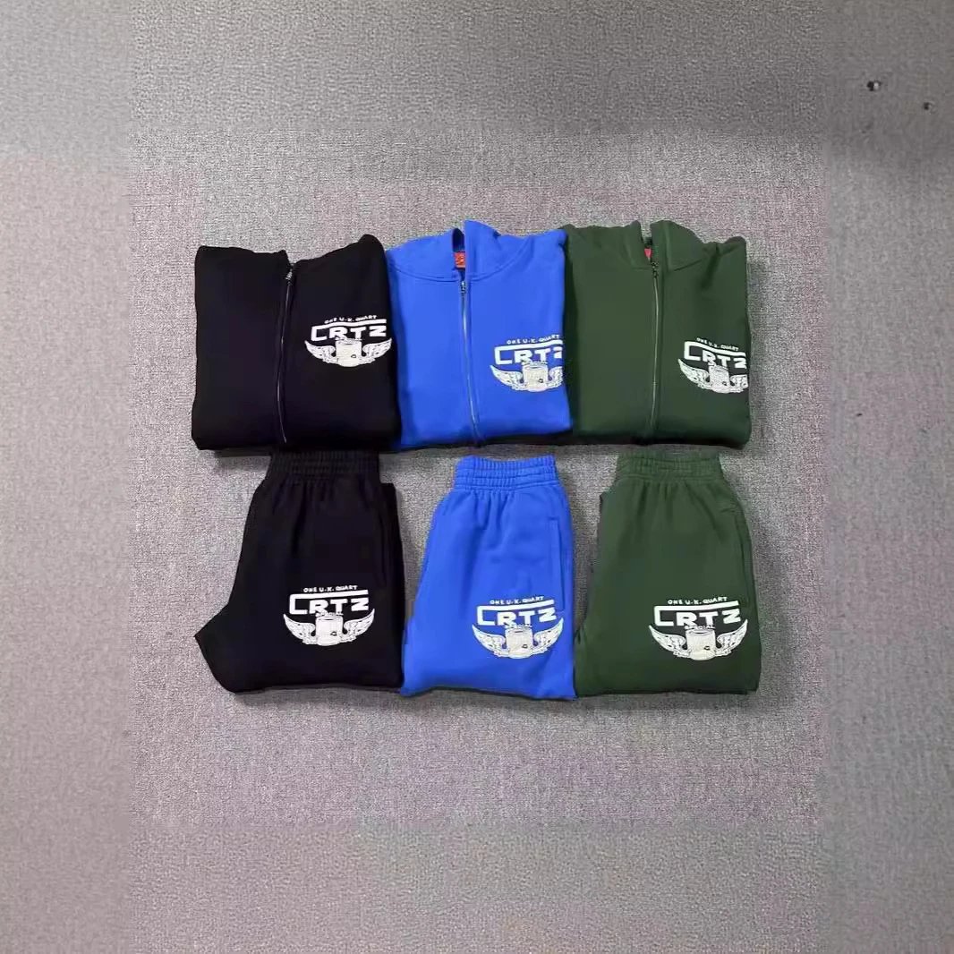 Classic series chest printed terry zipper cardigan hooded sweatshirt for men and women casual sweatpants  